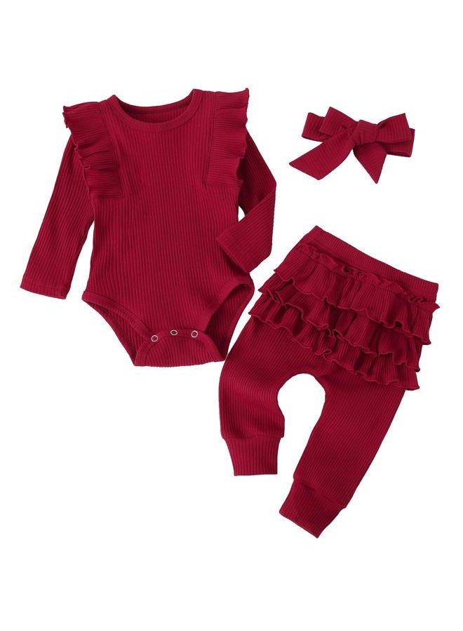 Fullfamous Baby Girl's 3pc Rib Frill Long Sleeve Romper and Pant Set, Wine, New Born - Image 1