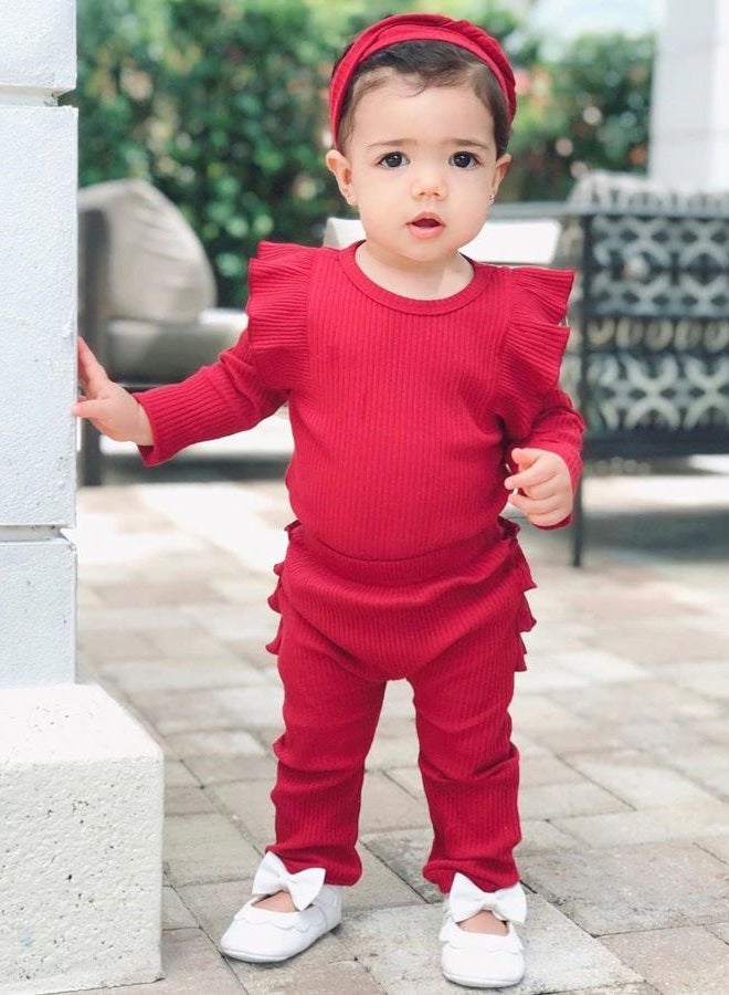 Fullfamous Baby Girl's 3pc Rib Frill Long Sleeve Romper and Pant Set, Wine, New Born - Image 2