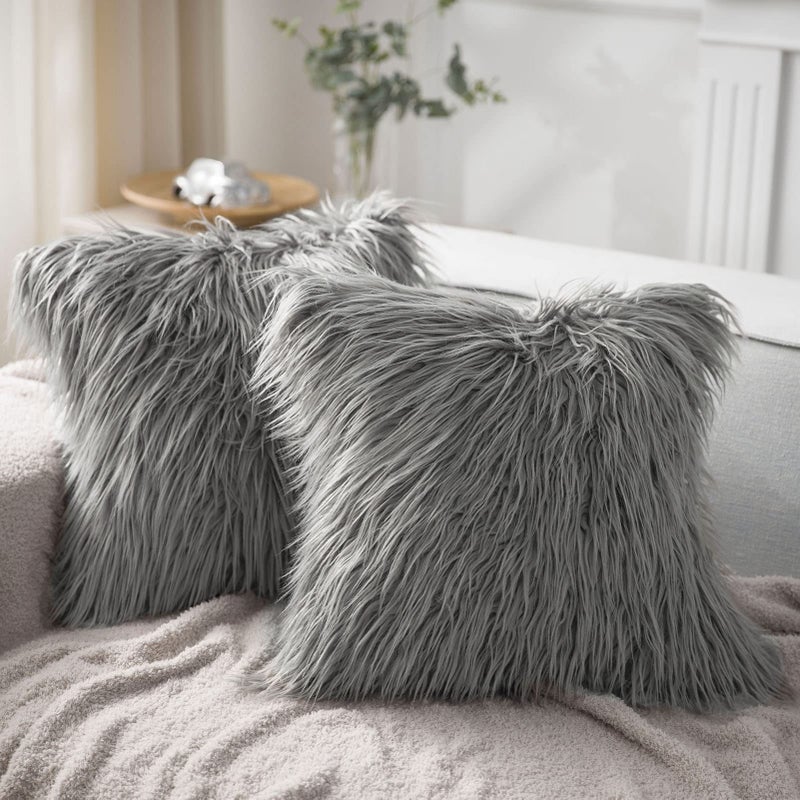 Phantoscope Pack of 2 Faux Fur Solid Throw Decorative Pillow Cover Cushion Covers Luxury Soft Decorative Pillowcase Fuzzy Pillow Covers for BedCouchGray 24 x 24 Inches