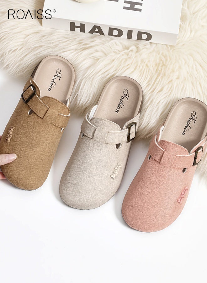 roaiss Women's Shoes Flat Slippers Ladies Thick Soled Comfortable Slides Closed Toe Half Slippers Sandals for Indoor Outdoor Lounge Wear Beige - Image 4