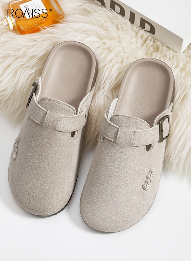 roaiss Women's Shoes Flat Slippers Ladies Thick Soled Comfortable Slides Closed Toe Half Slippers Sandals for Indoor Outdoor Lounge Wear Beige - Image 1