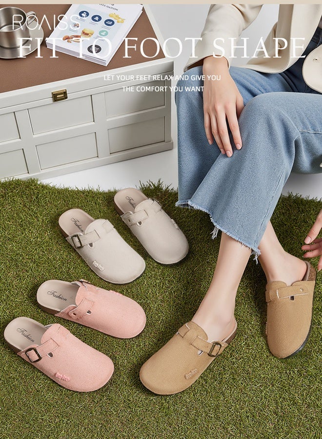 roaiss Women's Shoes Flat Slippers Ladies Thick Soled Comfortable Slides Closed Toe Half Slippers Sandals for Indoor Outdoor Lounge Wear Beige - Image 2