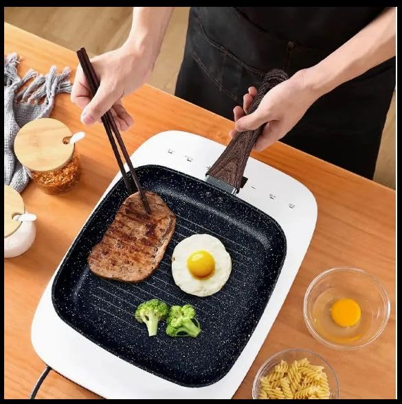 GREEVA Non-Stick Grill Pan with Soft Touch Wooden Handle Coating PFOA Free Induction&Gas Base Aluminium Square Grill Fry Pan Granite Griddle Frying Pans for Breakfast Egg Pan (Grill pan Black 24cm) - Image 3