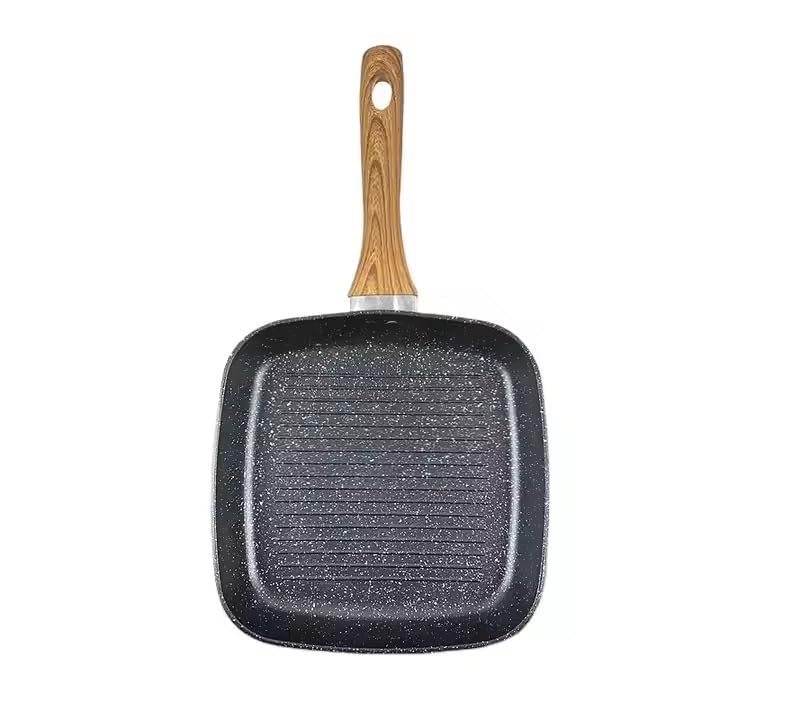 GREEVA Non-Stick Grill Pan with Soft Touch Wooden Handle Coating PFOA Free Induction&Gas Base Aluminium Square Grill Fry Pan Granite Griddle Frying Pans for Breakfast Egg Pan (Grill pan Black 24cm) - Image 2