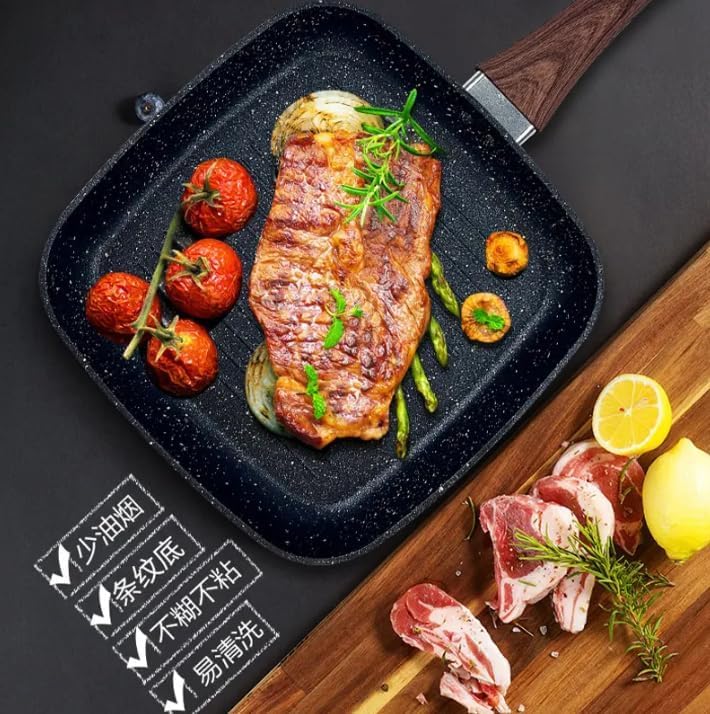 GREEVA Non-Stick Grill Pan with Soft Touch Wooden Handle Coating PFOA Free Induction&Gas Base Aluminium Square Grill Fry Pan Granite Griddle Frying Pans for Breakfast Egg Pan (Grill pan Black 24cm) - Image 4