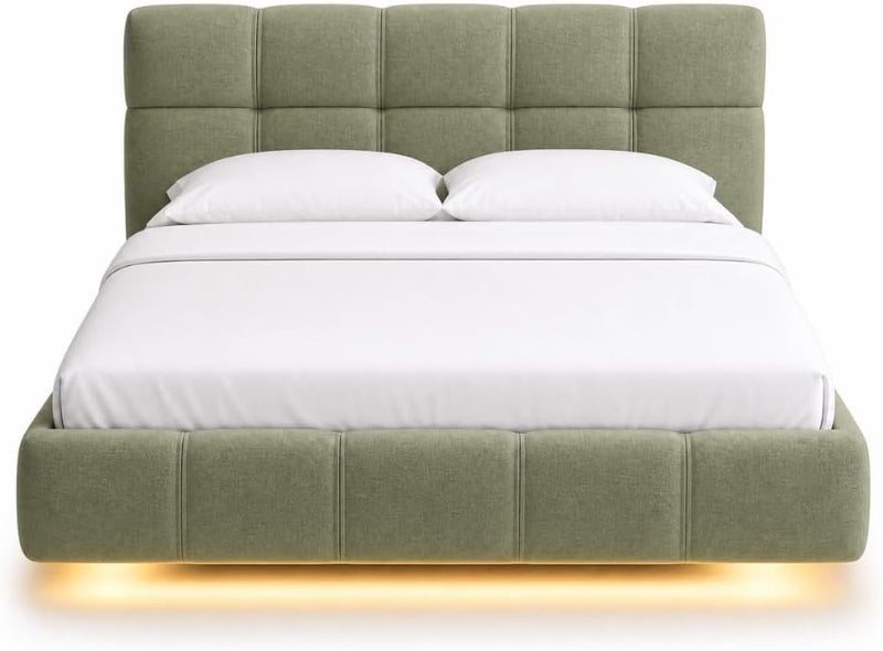 Modern Upholstered LED Floating Bed Frame with Tufted Headboard - Sage Green, Queen Size (160x200cm with Medical Pillow Top Mattress) - Image 3