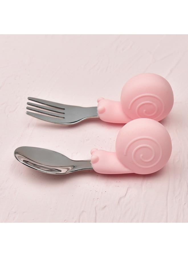 Hippo Baby Baby Learning To Eat Training Fork Spoon Short Handle Stainless Steel Tableware Children's Silicone Complementary Food Complementary Food Fork Spoon