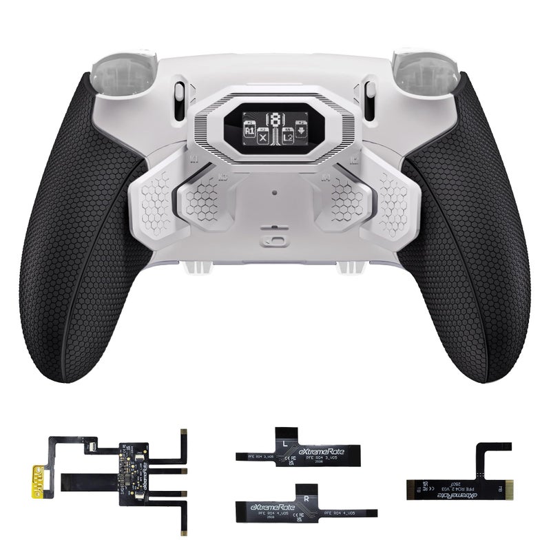 eXtremeRate BEYOND Back Paddles Kit for PS5 Edge Controller, OLED Display, Redesigned Ergonomic Rubberized Grips Bottom Shell, Remappable 4 Back Buttons Set for PS5 Edge Controller - White & Black - Image 1