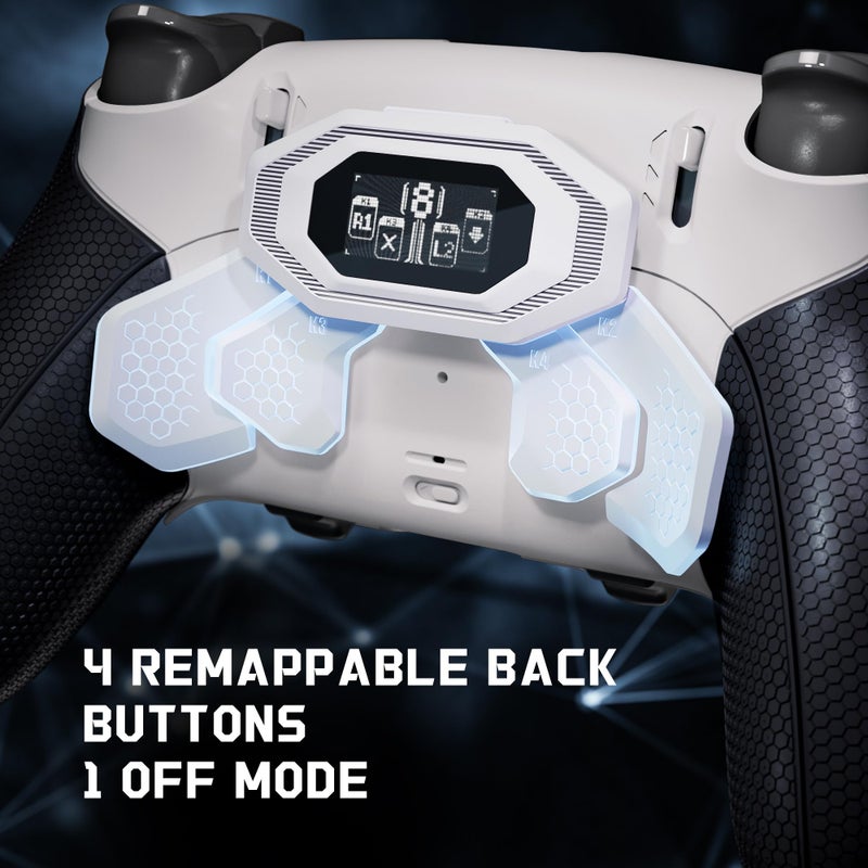 eXtremeRate BEYOND Back Paddles Kit for PS5 Edge Controller, OLED Display, Redesigned Ergonomic Rubberized Grips Bottom Shell, Remappable 4 Back Buttons Set for PS5 Edge Controller - White & Black - Image 4