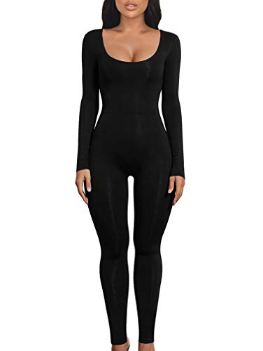 LAGSHIAN Women's Sexy Bodycon Long Sleeve Scoop Neck One Piece Jumpsuit Romper Black - Image 1