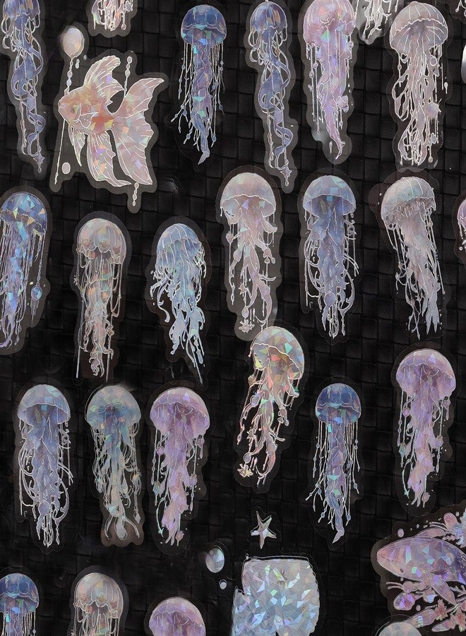 Heliltd 120Pcs Holographic Jellyfish Stickers Glitter Ocean Life Stickers Transparent Jellyfish Deco Stickers Sea Creature Stickers for Junk Journal Scrapbooking Water Bottle - Image 3