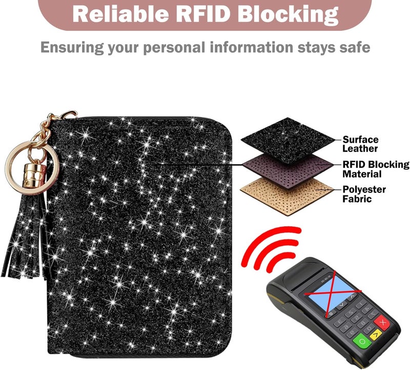 Hot Cool Credit Card Holder for Women, Card Leather Cases Small Wallet for Women Girls, KeyChain Zipper, RFID Blocking, Travel Cute, Organizer Gifts, Black - Image 3