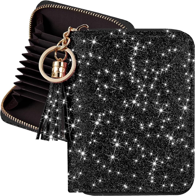 Hot Cool Credit Card Holder for Women, Card Leather Cases Small Wallet for Women Girls, KeyChain Zipper, RFID Blocking, Travel Cute, Organizer Gifts, Black - Image 1