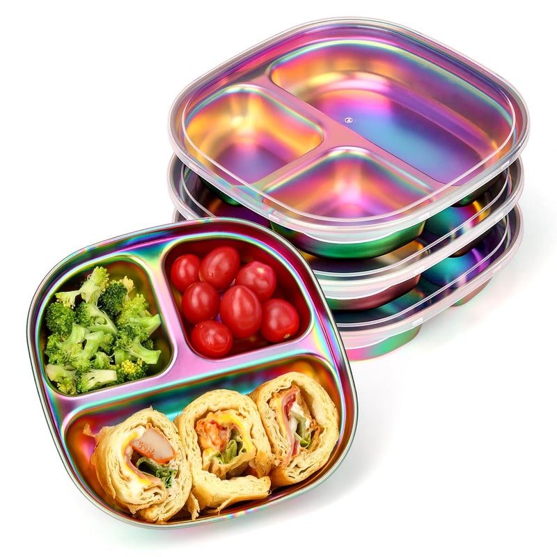 AIEVE Stainless Steel Kids Plates Pack of 4 Stainless Steel Divided Toddler Plate with Lids