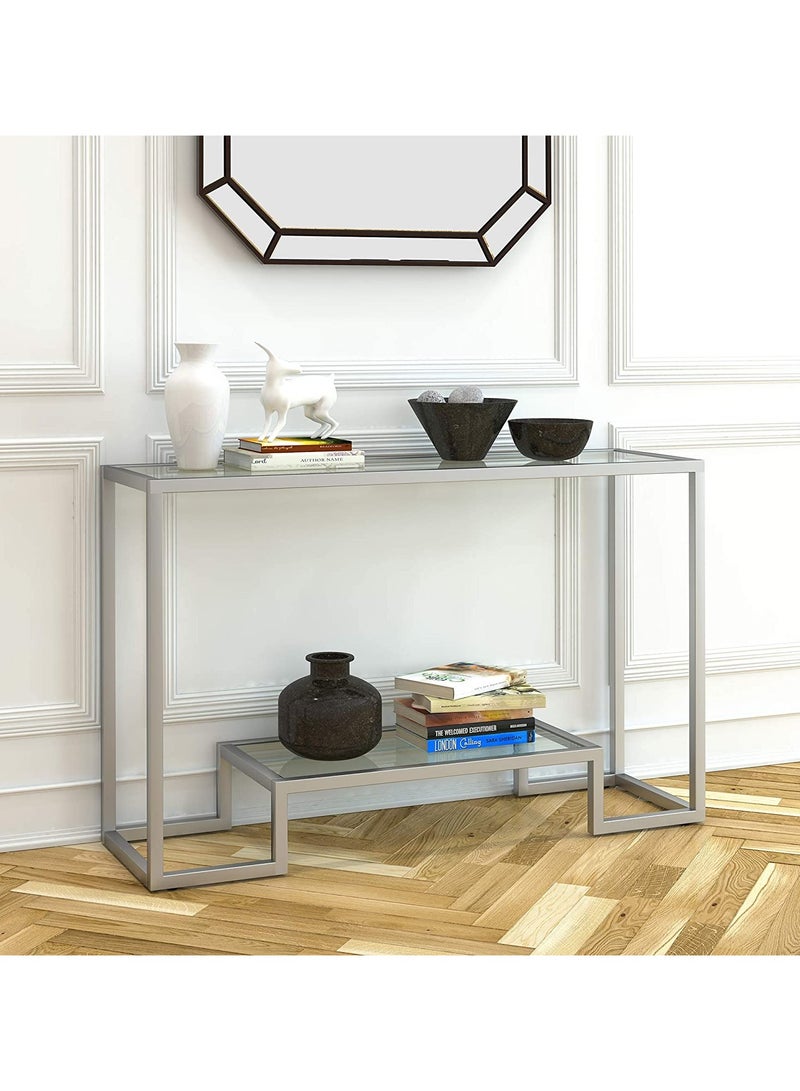 LINGWEI Console Table Top Glass with Metal Frame Console Table Modern Accent Table with Shelf Multi Tier Storage Rack Coffee Table Side Table Sofa Side Table - Image 1