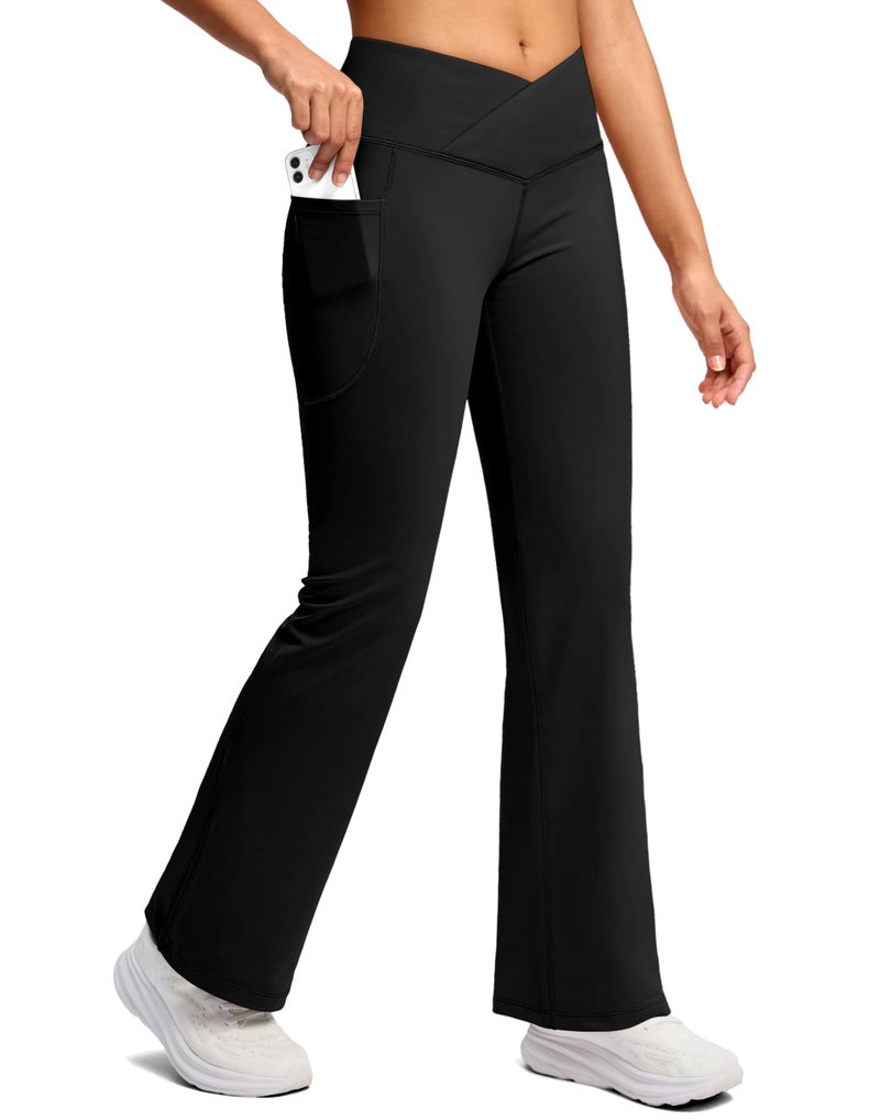 SANTINY Women's Fleece Lined Pants Crossover Yoga Pants High Waisted Bootcut Lounge Water Resistant Thermal Warm Flare Leggings for Women with Pockets 28 Inch(Black_XS) - Image 1
