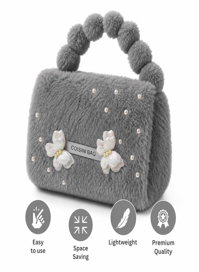 Purvaa Collection Women's Soft Fur Handbag with Pearl & Flower Design – Stylish Mini Clutch Purse for Girls | Cute Party, Wedding & Birthday Gift Hand Bag (Grey) - Image 4