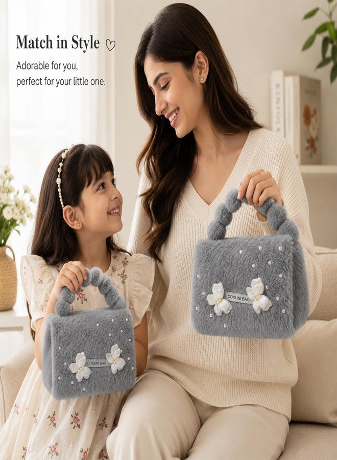 Purvaa Collection Women's Soft Fur Handbag with Pearl & Flower Design – Stylish Mini Clutch Purse for Girls | Cute Party, Wedding & Birthday Gift Hand Bag (Grey) - Image 3