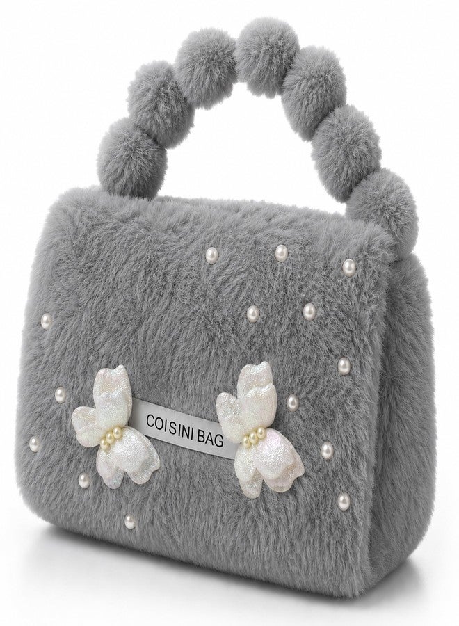Purvaa Collection Women's Soft Fur Handbag with Pearl & Flower Design – Stylish Mini Clutch Purse for Girls | Cute Party, Wedding & Birthday Gift Hand Bag (Grey) - Image 1