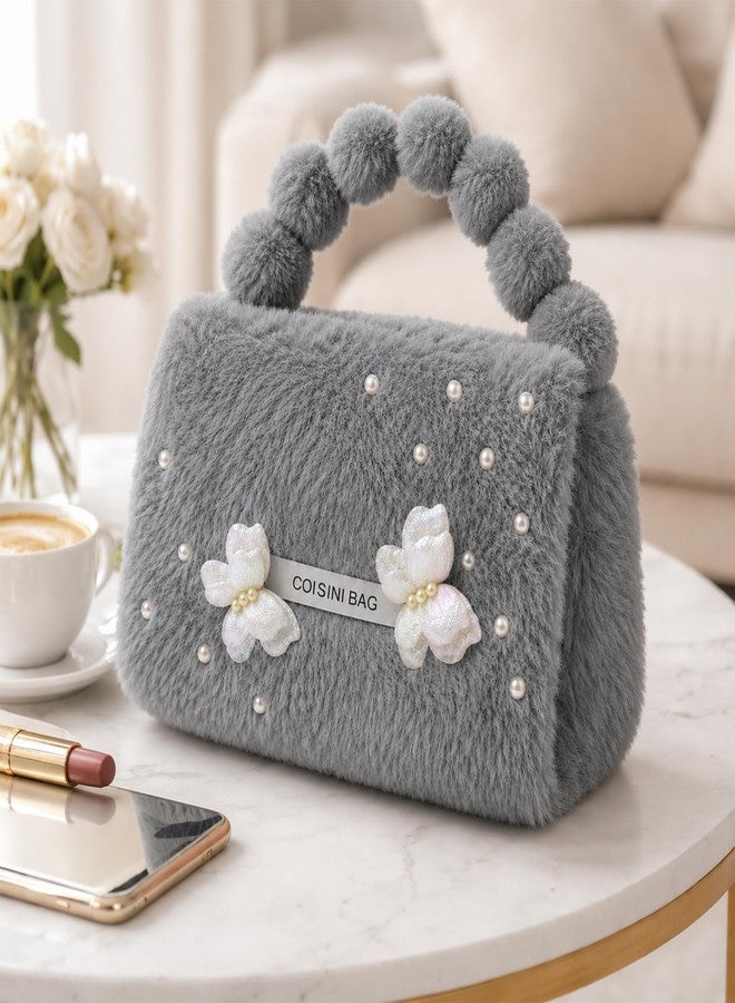 Purvaa Collection Women's Soft Fur Handbag with Pearl & Flower Design – Stylish Mini Clutch Purse for Girls | Cute Party, Wedding & Birthday Gift Hand Bag (Grey) - Image 2