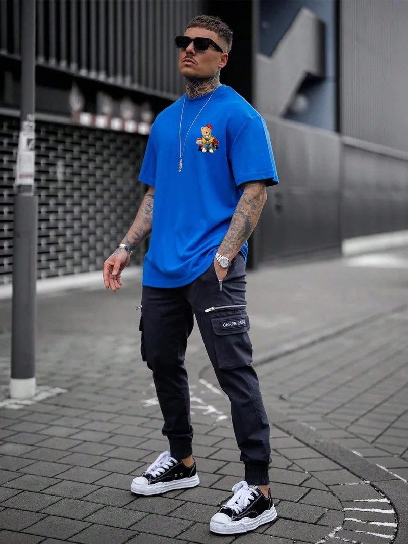 دوغ فش Teddy Family Printed Oversize Blue Men's T-Shirt