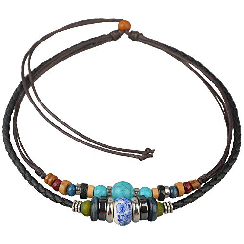 Ancient Tribe Boho Layered Leather and Hemp Choker Necklace with Turquoise and Ceramic Beads – Adjustable Double Cord Jewelry for Men and Women, 15 Inch Inner Cord - Image 4