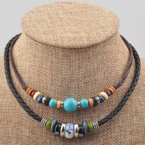 Ancient Tribe Boho Layered Leather and Hemp Choker Necklace with Turquoise and Ceramic Beads – Adjustable Double Cord Jewelry for Men and Women, 15 Inch Inner Cord - Image 2