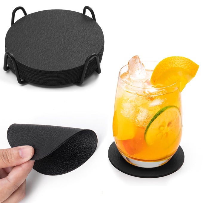 CoastersLeather Coasters Set of 12 for Drinks Outdoor Coasters with Holder Mug Coaster Non Slip AntiHeat Cup Mats for Coffee Beer Mug Wine Glass Bottle Home and Bar Round Black Black