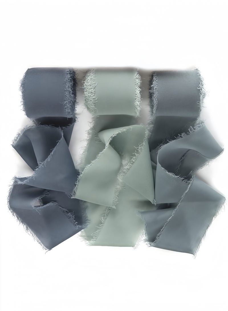 Peachjoy شريط شيفون مزخرف يدوي، 3 لفات 4 سم × 5 ياردة (4.5 م) شريط يشبه الحرير باللون الرمادي الأزرق لمجموعة دعوات الزفاف، باقات العرائس، تغليف الهدايا، الحرف اليدوية DIY - Image 1