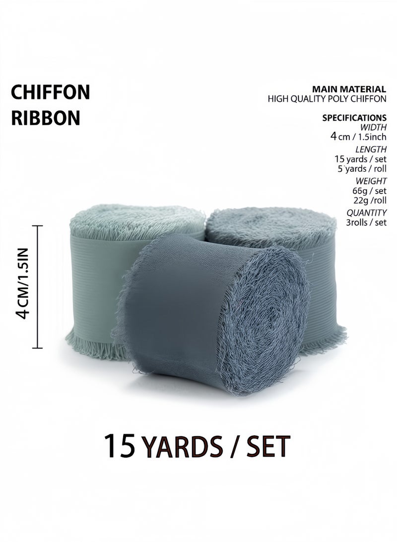 Peachjoy شريط شيفون مزخرف يدوي، 3 لفات 4 سم × 5 ياردة (4.5 م) شريط يشبه الحرير باللون الرمادي الأزرق لمجموعة دعوات الزفاف، باقات العرائس، تغليف الهدايا، الحرف اليدوية DIY - Image 5