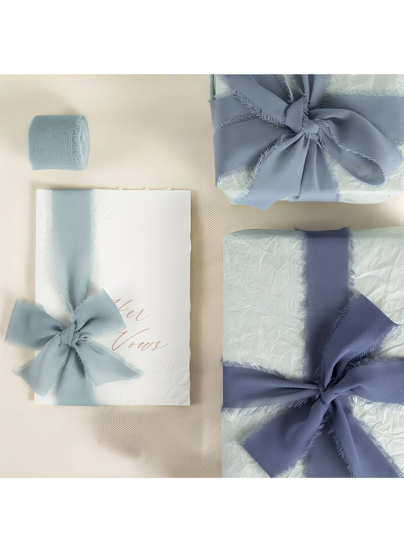 Peachjoy شريط شيفون مزخرف يدوي، 3 لفات 4 سم × 5 ياردة (4.5 م) شريط يشبه الحرير باللون الرمادي الأزرق لمجموعة دعوات الزفاف، باقات العرائس، تغليف الهدايا، الحرف اليدوية DIY - Image 2