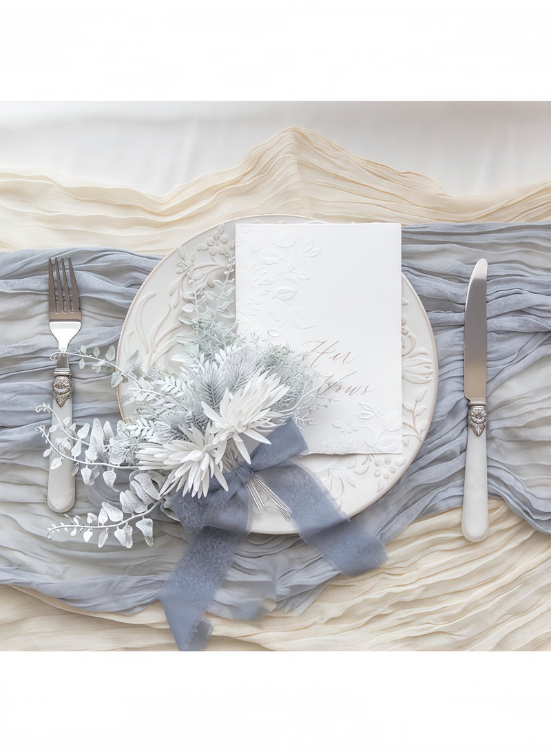 Peachjoy شريط شيفون مزخرف يدوي، 3 لفات 4 سم × 5 ياردة (4.5 م) شريط يشبه الحرير باللون الرمادي الأزرق لمجموعة دعوات الزفاف، باقات العرائس، تغليف الهدايا، الحرف اليدوية DIY - Image 4