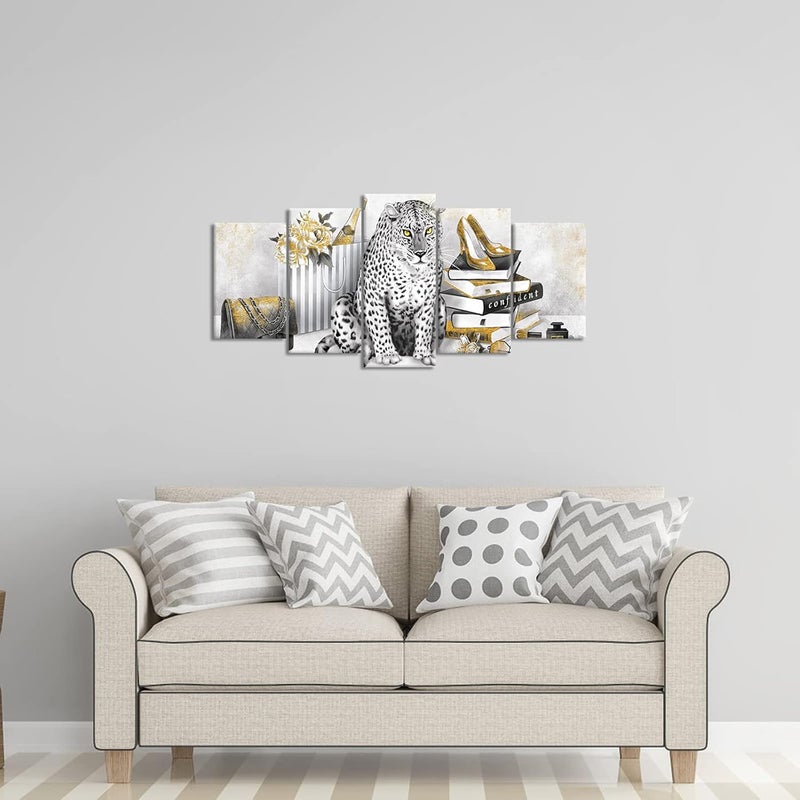 Welmeco 5 Pieces Retro Fashion Charm Picture Black and White Golden Leopard with High Heel Shoes Books Canvas Wall Art Prints Gallery Wrapped Artwork for Girl Gift Woman Bedroom Makeup Room Decoration - Image 3