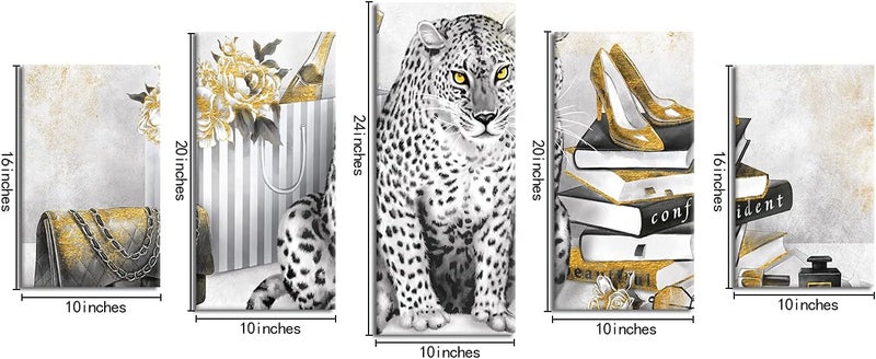 Welmeco 5 Pieces Retro Fashion Charm Picture Black and White Golden Leopard with High Heel Shoes Books Canvas Wall Art Prints Gallery Wrapped Artwork for Girl Gift Woman Bedroom Makeup Room Decoration - Image 5