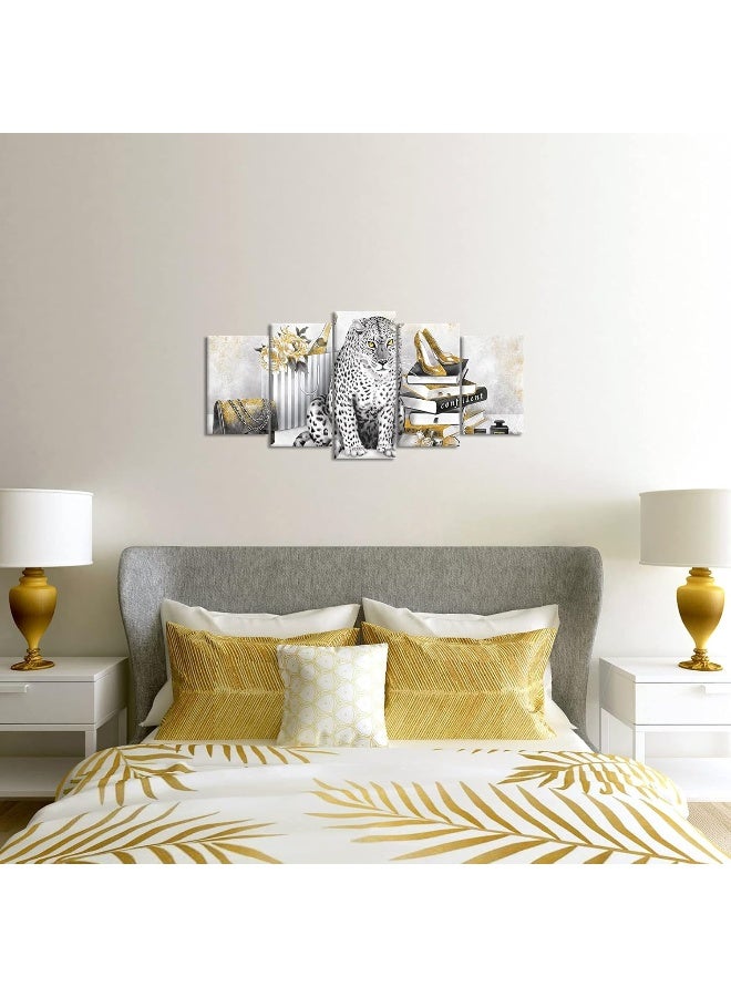 Welmeco 5 Pieces Retro Fashion Charm Picture Black and White Golden Leopard with High Heel Shoes Books Canvas Wall Art Prints Gallery Wrapped Artwork for Girl Gift Woman Bedroom Makeup Room Decoration - Image 2