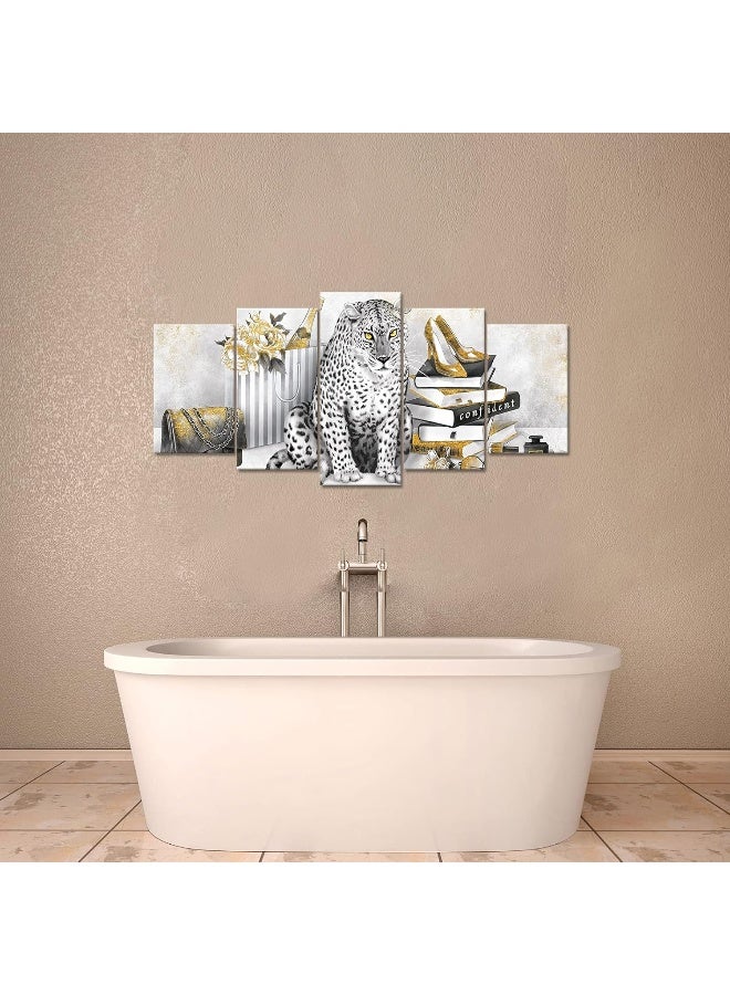 Welmeco 5 Pieces Retro Fashion Charm Picture Black and White Golden Leopard with High Heel Shoes Books Canvas Wall Art Prints Gallery Wrapped Artwork for Girl Gift Woman Bedroom Makeup Room Decoration - Image 4