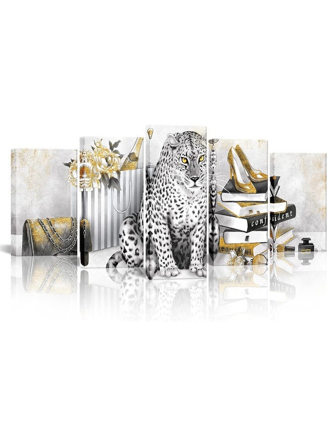 Welmeco 5 Pieces Retro Fashion Charm Picture Black and White Golden Leopard with High Heel Shoes Books Canvas Wall Art Prints Gallery Wrapped Artwork for Girl Gift Woman Bedroom Makeup Room Decoration - Image 1