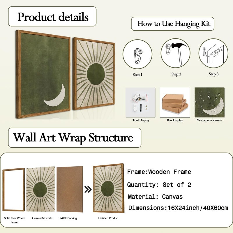 Hwetui Framed Boho Sun and Moon Canvas Wall Art Set of 2, Vintage Sage Green Bohemian Pictures Wall Decor, Mid Century Modern Abstract Minimalist Paintings Prints for Living Room Bedroom Office 16x24 inch - Image 5