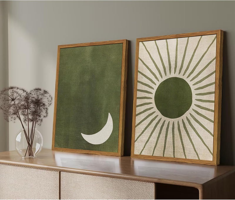 Hwetui Framed Boho Sun and Moon Canvas Wall Art Set of 2, Vintage Sage Green Bohemian Pictures Wall Decor, Mid Century Modern Abstract Minimalist Paintings Prints for Living Room Bedroom Office 16x24 inch - Image 3