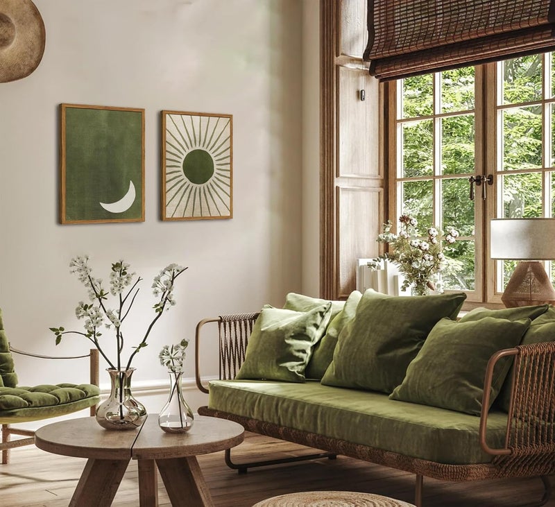 Hwetui Framed Boho Sun and Moon Canvas Wall Art Set of 2, Vintage Sage Green Bohemian Pictures Wall Decor, Mid Century Modern Abstract Minimalist Paintings Prints for Living Room Bedroom Office 16x24 inch - Image 2