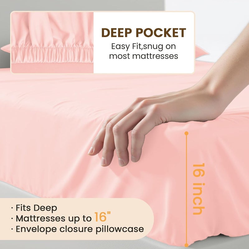 USXIBEI Queen Size 4 Piece Bed Sheet Set - Ultra Imitation Cotton-Premium Breathable & Cooling Sheets - Hotel Luxury Bed Sheets Deep Pocket up to 15"- Wrinkle, Fade, Stain Resistant (Baby Pink, Queen) - Image 5