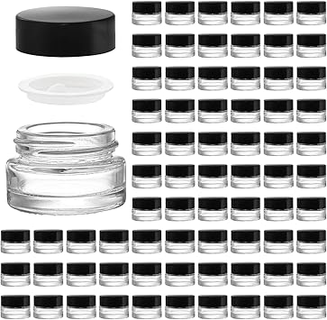 Coloch 90 Pack 5ml Empty Glass Jars with Black Lid Clear Airtight Cosmetics Container Bulk Refillable Tiny Sample Jar for Cosmetics Lotion Cream Samples Wax Skincare Travelling Retail Store - Image 1