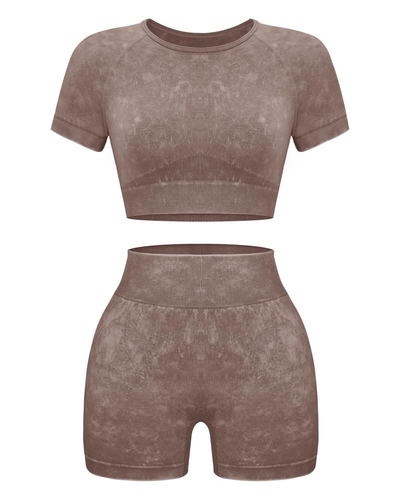 OLCHEE Womens Workout Sets 2 Piece - Seamless Acid Wash Yoga Outfits Leggings Shorts and Crop Top Matching Gym Activewear Athletic Clothing Set - Brown Medium - Image 1
