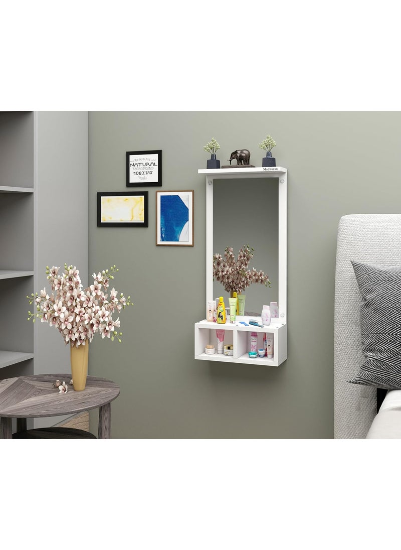 Madhuran Madhuran Engineered Wood Rectangular Shape Wall Mounted Dressing Mirrors Table With 2 Storage Box 1 Disply Shelf Matte White Bedroom Living Room Bathroom Wash Basin Washbasin 