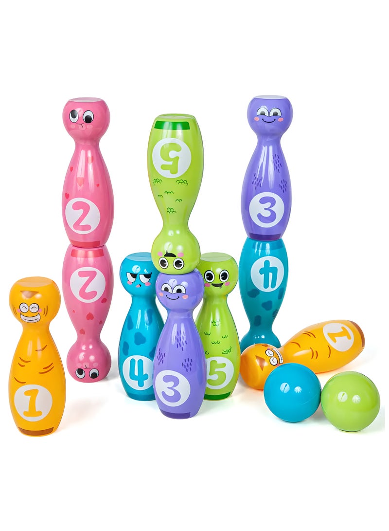 LIXADA Bowling Toy Set With Cartoon Fun Expressions And Exquisite Pad Printing Technology That Does Not Fade Or Paint Off The Gift Box Packaging 10 Bottles And 2 Balls, As Birthday, Special Festival Gift For Kids Above 3 Years Old  - Image 1
