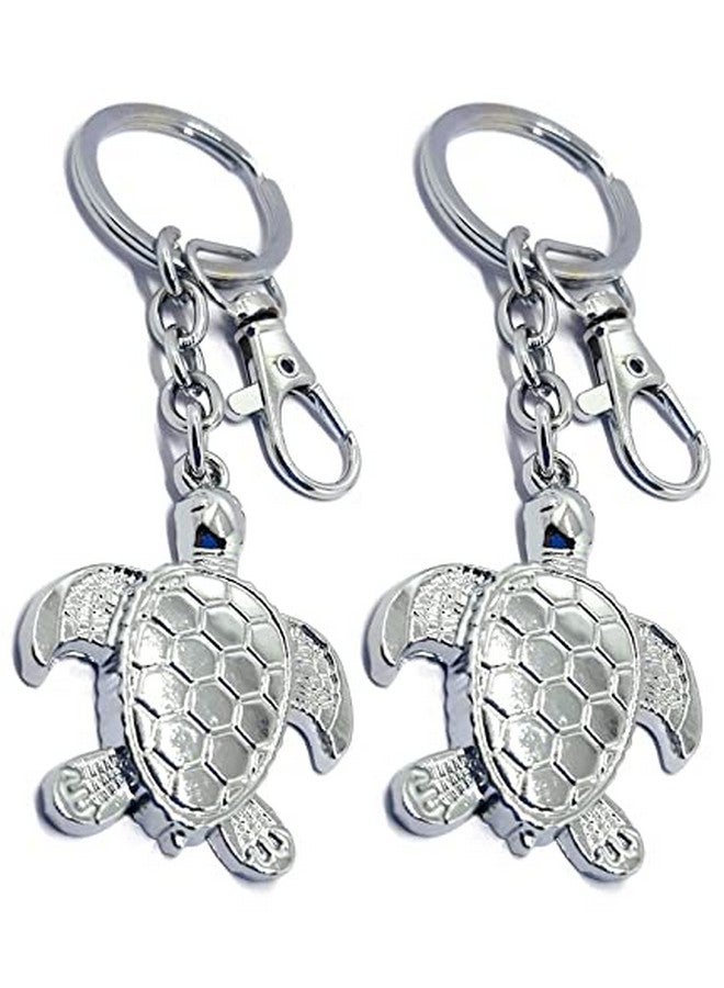 Aura Set of 2 Feng Shui Tortoise Gift Keyring Key Chain for Goodluck Bike Car Home Office Men Women Girls Boys Friends Metal Silver Key Chain - Image 1