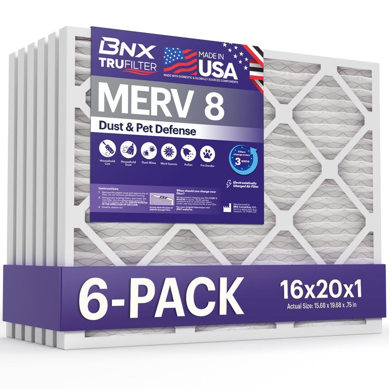 BNX TruFilter 16x20x1 Air Filter MERV 8 (6-Pack) - MADE IN USA â€“ Dust & Pet Defense Electrostatic Pleated Air Conditioner HVAC AC Furnace Filters for Dust, Pet, Mold, Pollen MPR 600 â€“ 700 & FPR 5 - Image 1