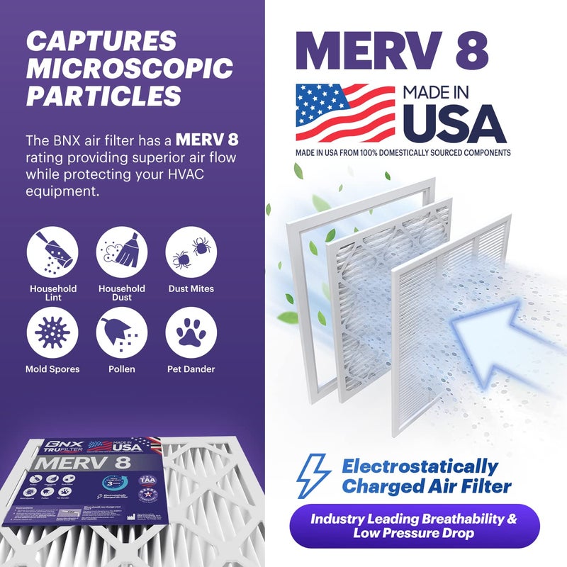BNX TruFilter 16x20x1 Air Filter MERV 8 (6-Pack) - MADE IN USA â€“ Dust & Pet Defense Electrostatic Pleated Air Conditioner HVAC AC Furnace Filters for Dust, Pet, Mold, Pollen MPR 600 â€“ 700 & FPR 5 - Image 3