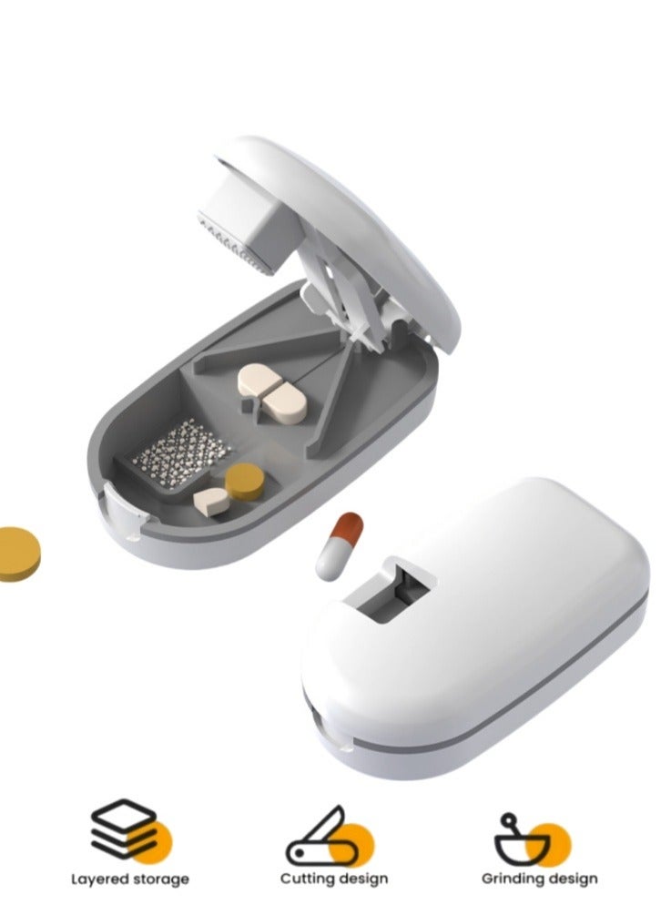 Portable pill box, pill cutter for small and large pills, pill box with grinding function, storage function and separate medicine outlet, suitable for daily use and travel (white) - Image 1