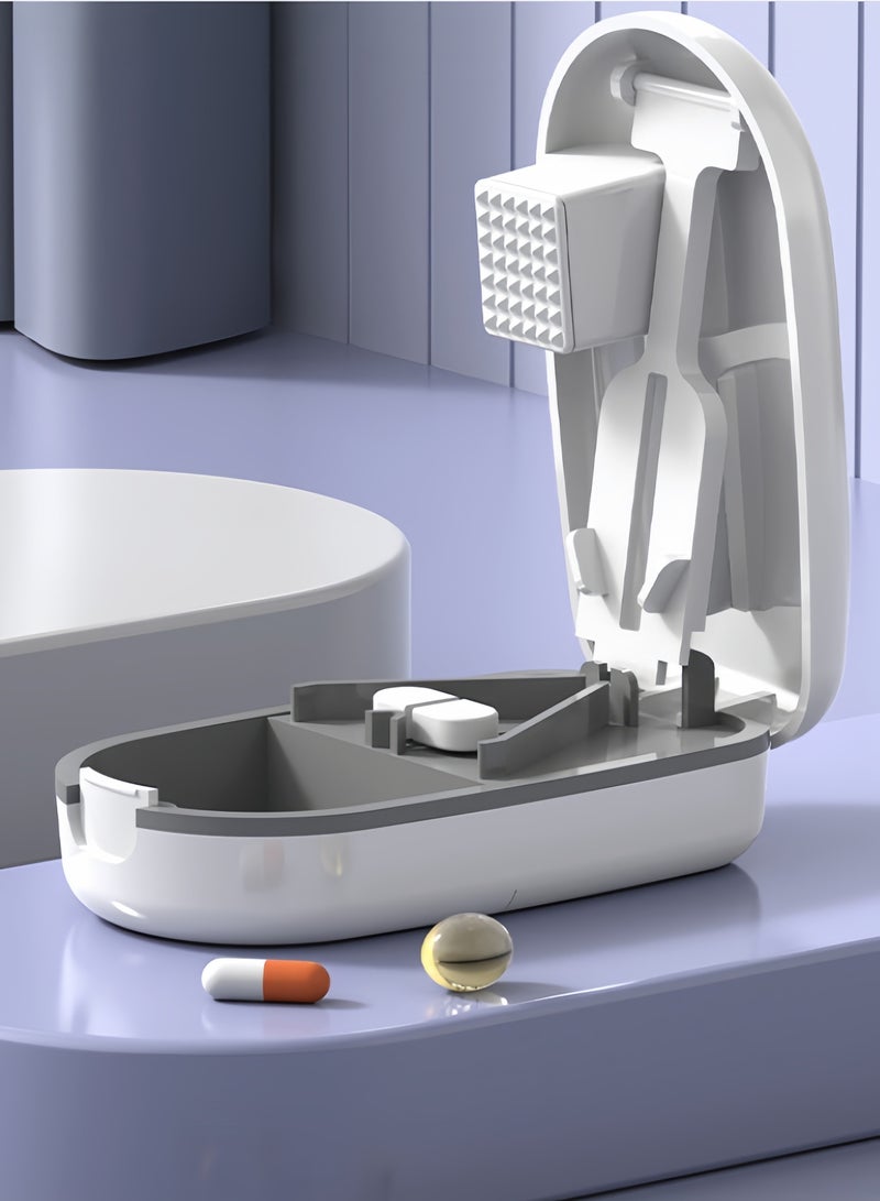 Portable pill box, pill cutter for small and large pills, pill box with grinding function, storage function and separate medicine outlet, suitable for daily use and travel (white) - Image 4